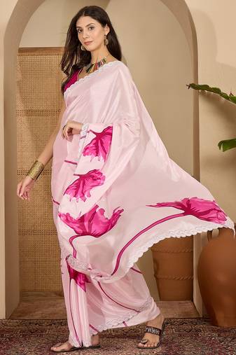 Women's pink crepe printed saree with unstitched blouse piece