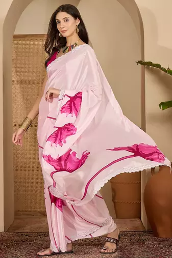 Women's pink crepe printed saree with unstitched blouse piece