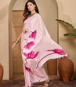 Women's pink crepe printed saree with unstitched blouse piece