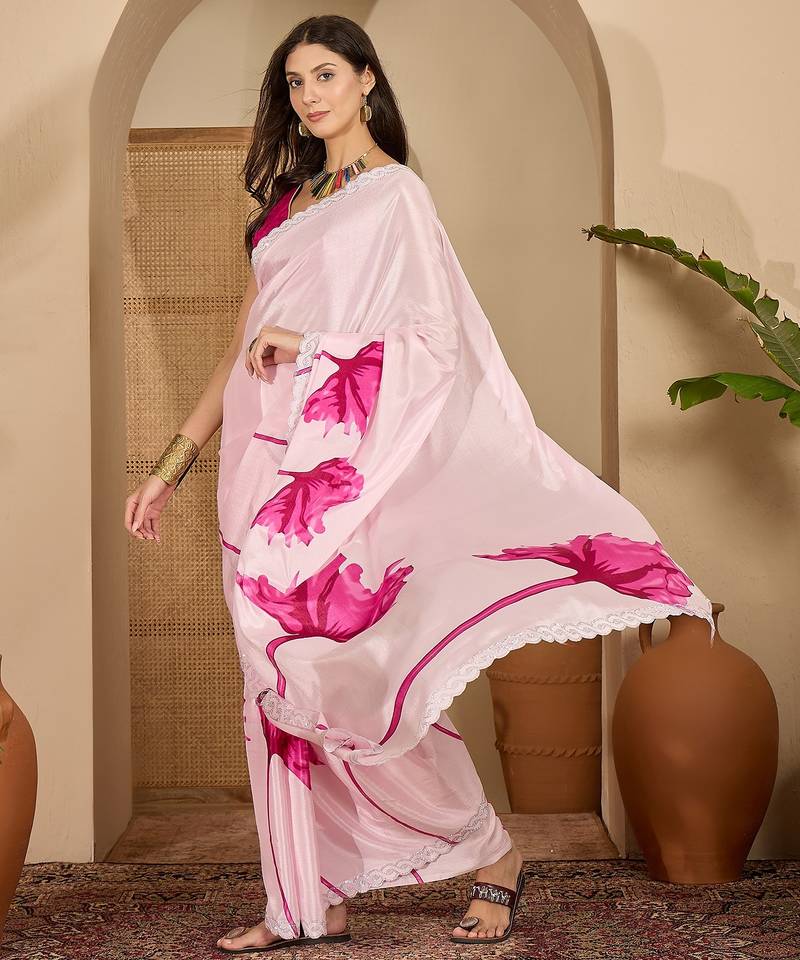 Women's pink crepe printed saree with unstitched blouse piece