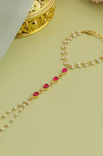 Gold plated kundan red stones haath phool