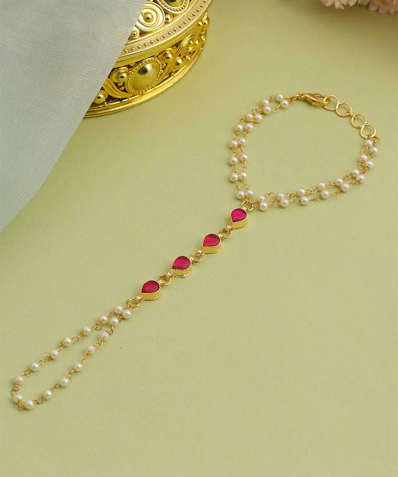 Gold plated kundan red stones haath phool