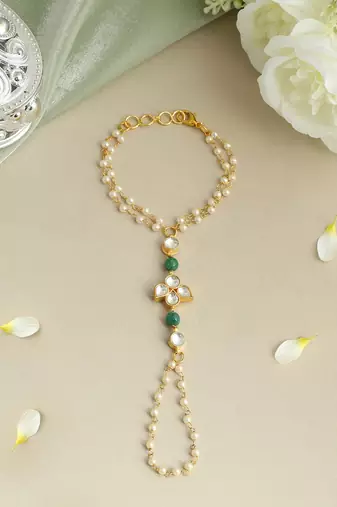 Gold plated kundan green stones haath phool