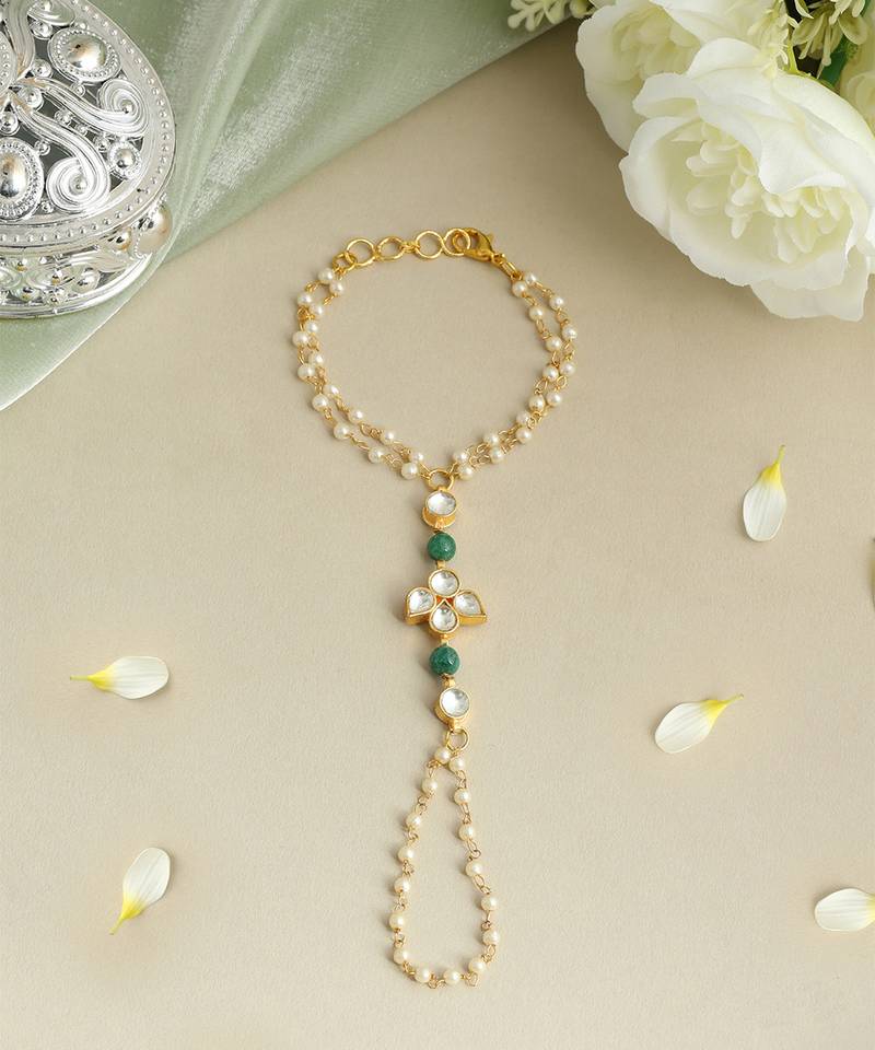 Gold plated kundan green stones haath phool