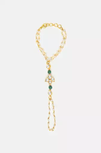 Gold plated kundan green stones haath phool