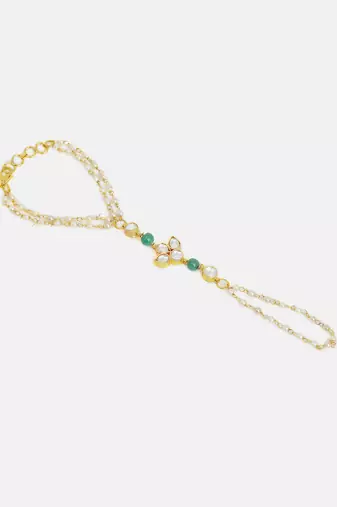 Gold plated kundan green stones haath phool