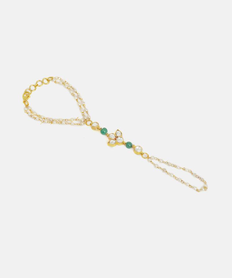 Gold plated kundan green stones haath phool
