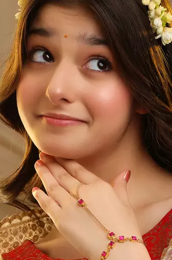 Gold plated kundan red stones haath phool