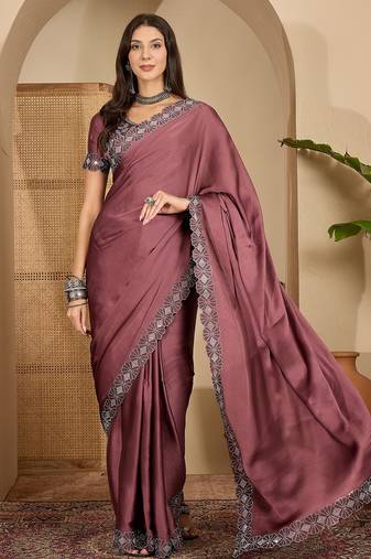 Women's onion satin embellished saree with unstitched blouse piece
