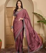 Women's onion satin embellished saree with unstitched blouse piece