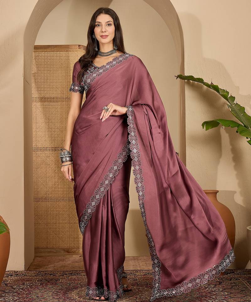 Women's onion satin embellished saree with unstitched blouse piece