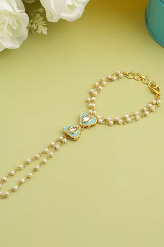 Gold plated kundan green stones haath phool