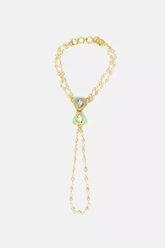 Gold plated kundan green stones haath phool
