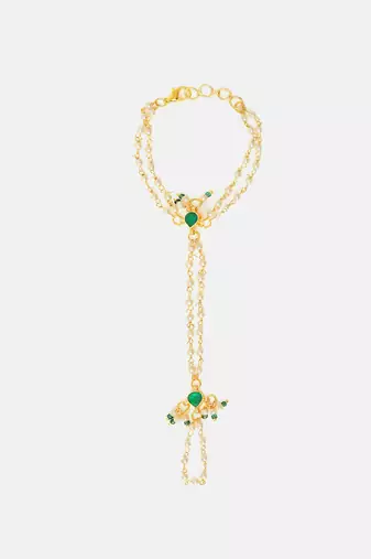 Gold plated kundan green stones haath phool