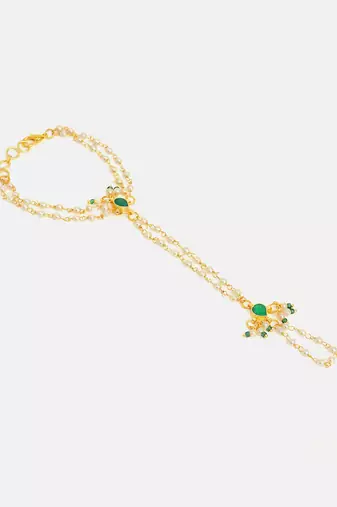 Gold plated kundan green stones haath phool