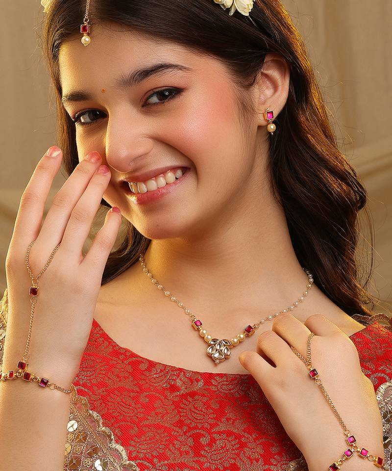 Gold plated kundan red stones necklace set