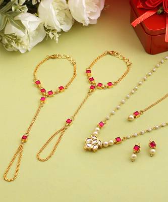 Gold plated kundan red stones necklace set 4