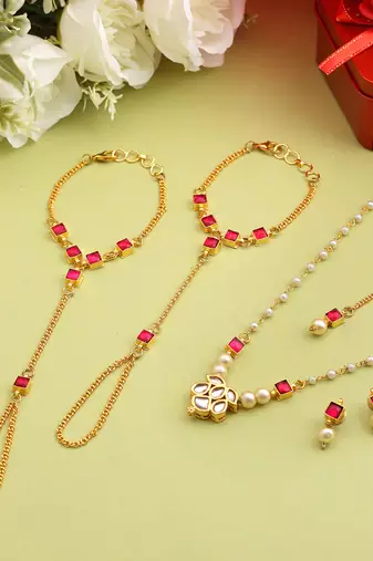 Gold plated kundan red stones necklace set