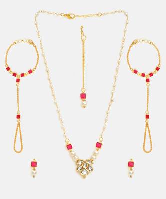 Gold plated kundan red stones necklace set 5