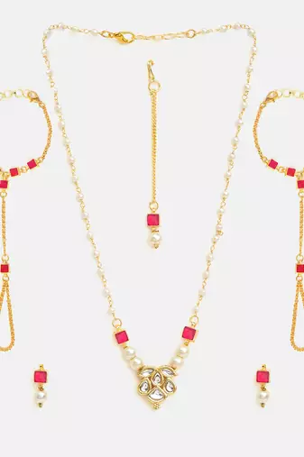 Gold plated kundan red stones necklace set