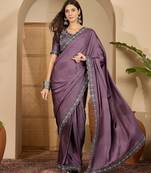 Women's lavender satin embellished saree with unstitched blouse piece