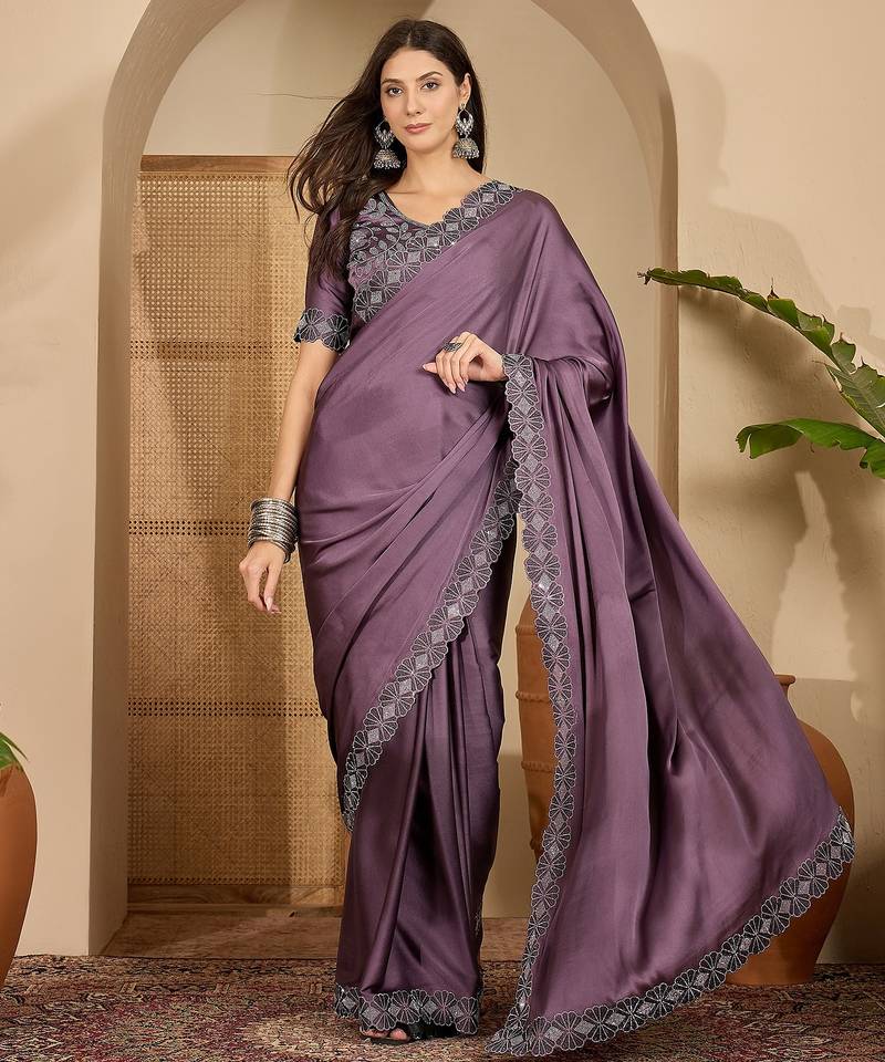Women's lavender satin embellished saree with unstitched blouse piece