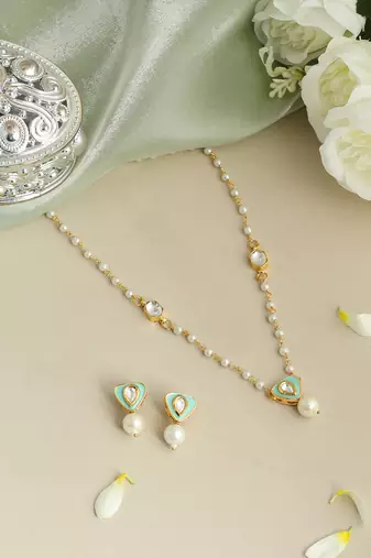Gold plated kundan green stones necklace set