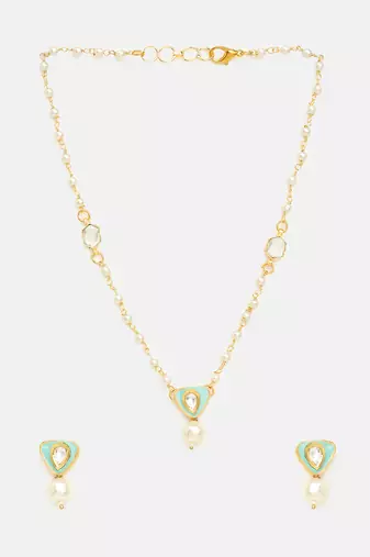 Gold plated kundan green stones necklace set