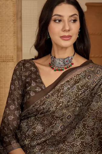Women's brown silk blend cotton foil print saree with unstitched blouse piece