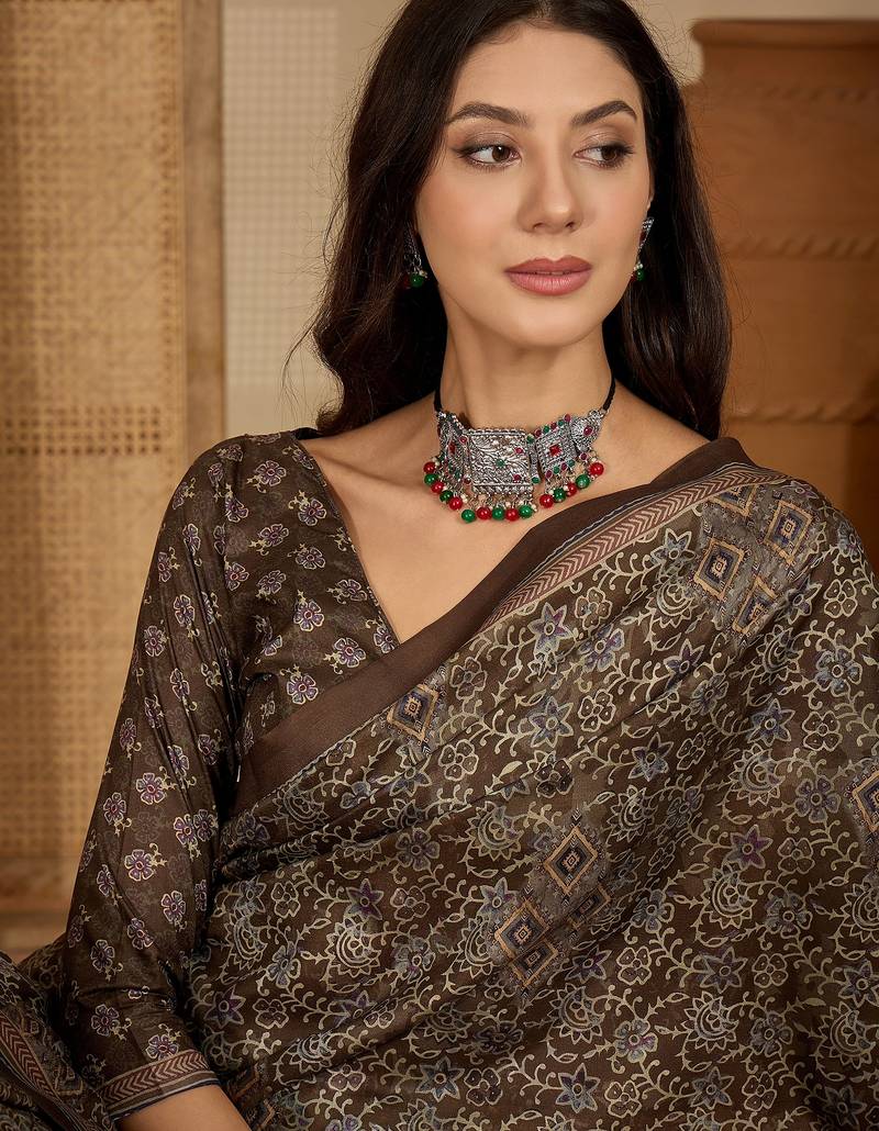 Women's brown silk cotton foil print saree with unstitched blouse piece