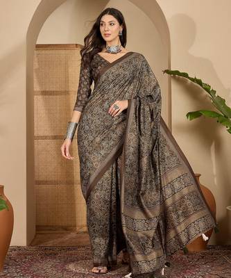 Women's brown silk blend cotton foil print saree with unstitched blouse piece 1