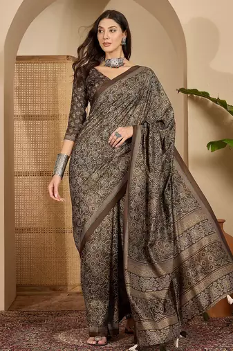 Women's brown silk cotton foil print saree with unstitched blouse piece