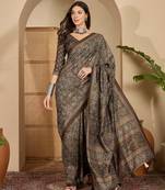 Women's brown silk cotton foil print saree with unstitched blouse piece