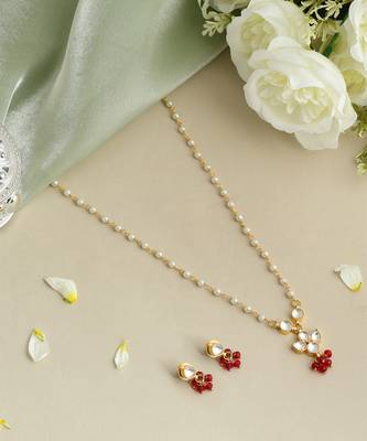 Gold plated kundan maroon stones necklace set 2