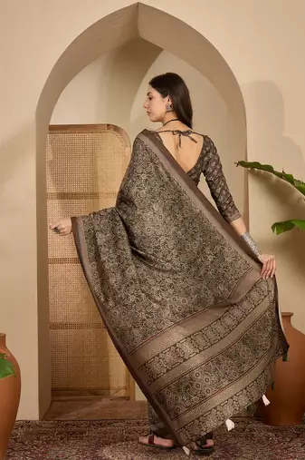 Women's brown silk blend cotton foil print saree with unstitched blouse piece