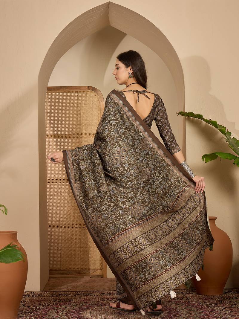 Women's brown silk cotton foil print saree with unstitched blouse piece