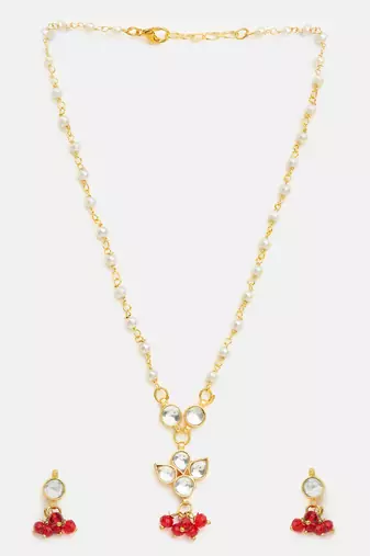 Gold plated kundan maroon stones necklace set