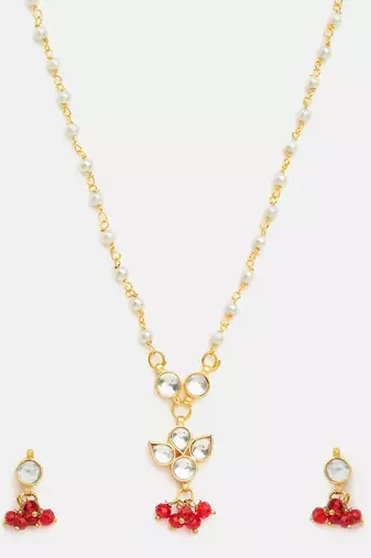 Gold plated kundan maroon stones necklace set
