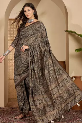 Women's brown silk blend cotton foil print saree with unstitched blouse piece