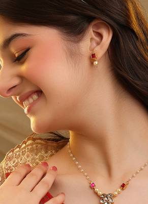 Gold plated kundan red stones necklace set 1