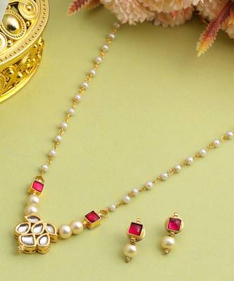 Gold plated kundan red stones necklace set 2