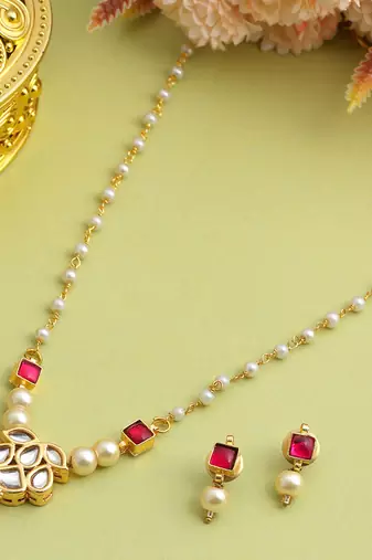 Gold plated kundan red stones necklace set