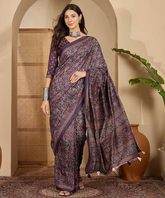 Women's purple silk blend cotton foil print saree with unstitched blouse piece 1