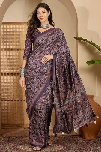 Women's purple silk cotton foil print saree with unstitched blouse piece