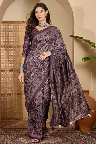 Women's purple silk cotton foil print saree with unstitched blouse piece