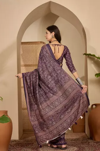 Women's purple silk blend cotton foil print saree with unstitched blouse piece