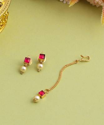 Gold plated kundan red stones maang tikka 2