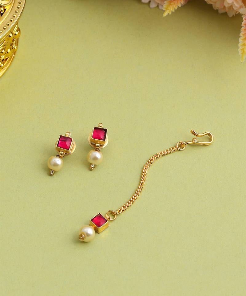 Gold plated kundan red stones maang tikka
