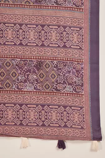 Women's purple silk blend cotton foil print saree with unstitched blouse piece
