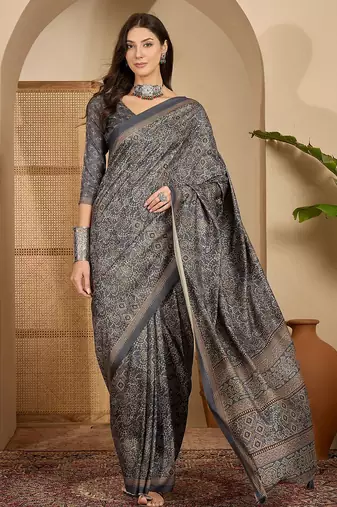 Women's grey silk cotton foil print saree with unstitched blouse piece